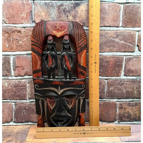 VTG African Hand-Carved Wooden Tribal Mask Etched  Decorative Wall Hanging - Picture 4 of 5